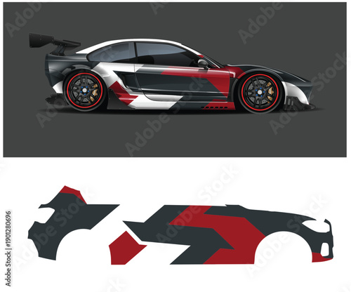 Sports car with partial red and black vinyl wrap design
