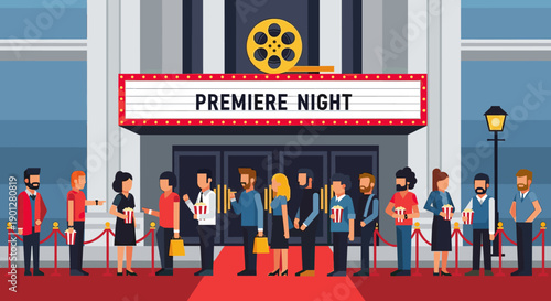 Diverse crowd of moviegoers waiting in line for a premiere event on a red carpet outside a grand cinema building, holding popcorn.