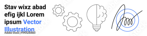 Creativity, innovation, business processes, branding concepts, idea development, design projects. Gears, lightbulb abstract signature drawing. Creativity and innovation concept