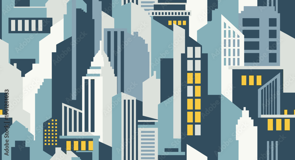Fototapeta premium Modern urban city skyline buildings illustration featuring abstract geometric shapes and illuminated windows in a seamless pattern.