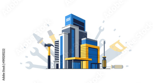 Modern building complex with contemporary office structures surrounded by various construction and repair tools in a flat illustration style.