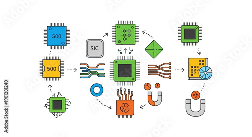Microchip Technology Flow Diagram. Integrated Circuit IC Manufacturing, System Processing, Data Management, and E-Waste Recycling Process Infographic.