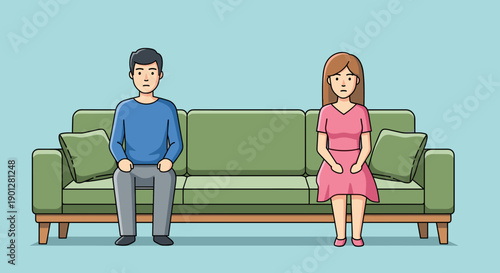 Man and woman sitting on a large sofa, depicting relationship problems, emotional distance, and conflict on a light blue background.