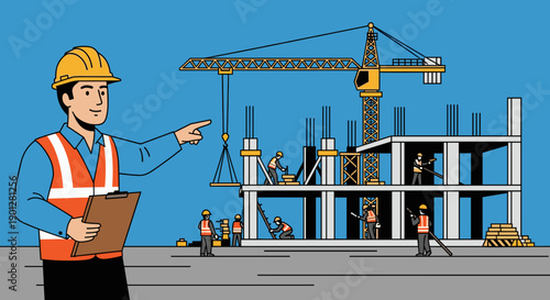 Construction manager pointing at busy building site with a large yellow crane and multiple workers actively constructing a new building structure.