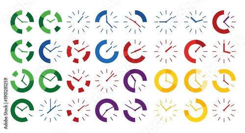 28 Vector Clock and Timer Icons Set: Time, Countdown, Progress, and Duration Symbols for UI, UX, and Infographics