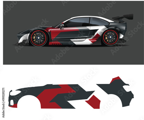Red and black sports car with vinyl wrap design