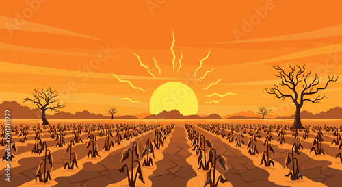 Dry cracked earth stretches across a vast field of withered crops under a scorching sun, highlighting the devastating effects of drought.