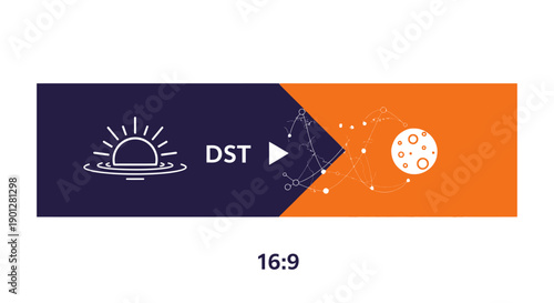 Daylight Saving Time (DST) Transition Concept Graphic. Widescreen 16:9 illustration of day to night change, time zones, global network, sun and moon icons.