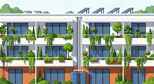 Modern apartment building with lush green balconies, featuring solar panels and rainwater harvesting for sustainable urban living.