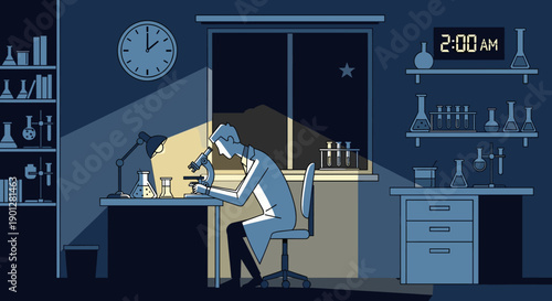 Focused scientist observes samples through a microscope, working late into the night in a dimly lit laboratory, illuminated by a desk lamp.