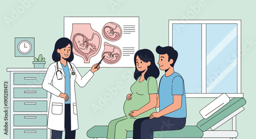 Female doctor explains pregnancy stages to a pregnant woman and her partner, pointing at a fetal development diagram in the consultation room.