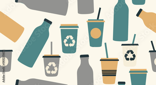 Reusable bottles and cups pattern illustrating sustainable living, recycling, and eco-friendly consumer choices on a light background.