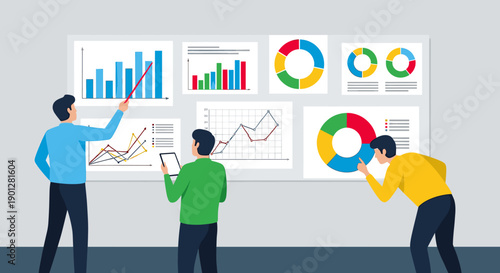 Three men analyzing business data charts during a presentation on a large display board, showcasing various statistical information and financial reports.