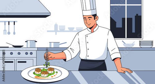 Professional chef carefully garnishes delicious meal with tweezers in a modern restaurant kitchen with city lights visible through the window.