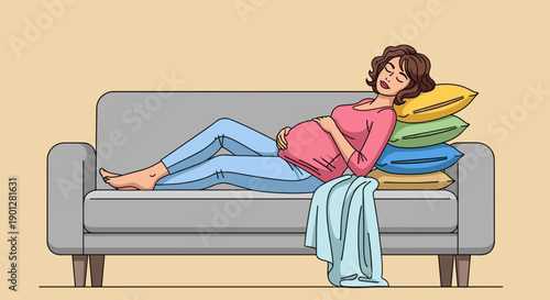 Pregnant woman resting comfortably on a gray sofa, gently touching her belly while surrounded by colorful pillows and a soft blanket.