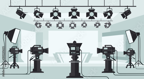 Professional television studio production equipment setup with various lights and cameras arranged for a live broadcast or filming.