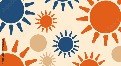 Stylized suns pattern featuring blue and orange elements scattered across a light beige background, creating a cheerful graphic design.