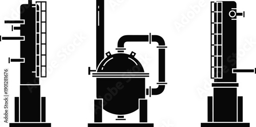 Industrial equipment vector set featuring pressure tanks, pipes and chemical machinery silhouettes in black flat style for manufacturing and engineering design projects