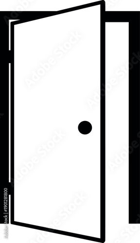 Simple black and white open door vector illustration representing opportunities, new beginnings, accessibility, and architectural entrance or exit concepts.