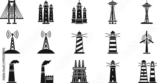 Infrastructure and technology icon vector collection featuring bridges, lighthouses, radio towers, factories and wind turbines in black flat silhouette style