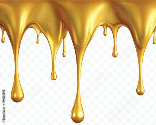 realistic 3d liquid gold dripping down in different style isolated on transparent background
