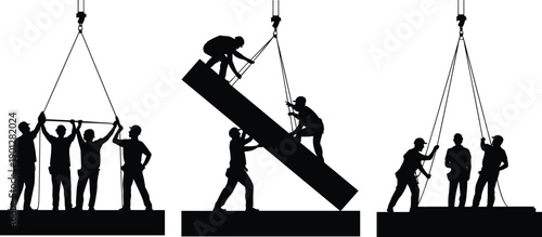 Cartoon silhouette scenes of construction workers guiding and positioning suspended beams with crane, illustrating teamwork, rigging, and heavy-lift safety
