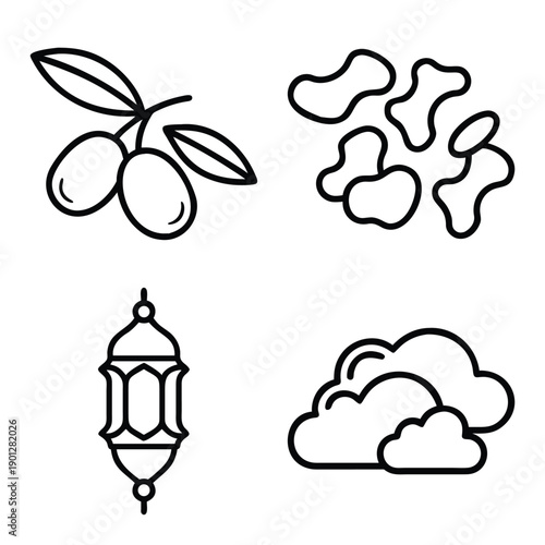 Minimalist Monochrome Line Art Icon Set Featuring Olive Branch with Fruit, Assorted Nut Kernels, Decorative Islamic Lantern, and Fluffy Cumulus Clouds Collage