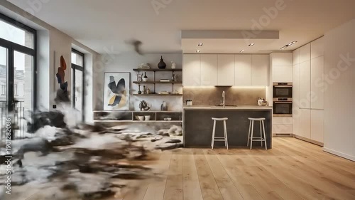 Time lapse shows a room renovation from peeling walls and a cracked ceiling to a living room with sofa, shelving, and ceiling lighting. Concept of renovation and real estate.