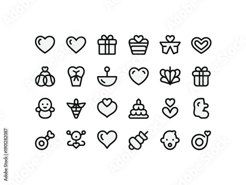 A collection of cute baby and gift icons in a simple line style