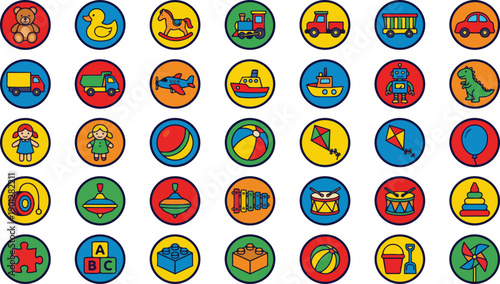 Vibrant Flat Style Vector Icons of Diverse Childrens Playthings Set