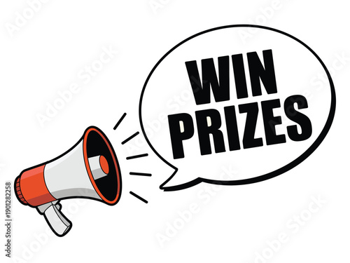 A cartoon megaphone with a speech bubble announcing a chance to win prizes.