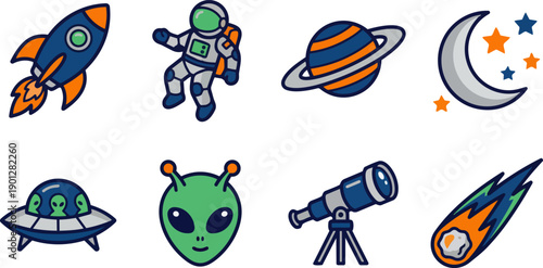 Colorful Space Exploration and Extraterrestrial Life Cartoon Icons Collection