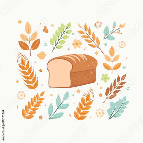 Wholesome Illustration of Freshly Baked Loaf of Bread Surrounded by Autumn Leaves and Wheat Harvest Elements