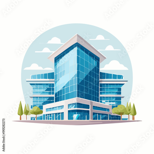 Contemporary Corporate Headquarters Illustration with Sleek Blue Glass, Symbolizing Modern Business and Urban Development Architecture