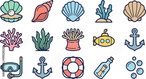 Playful Cartoon Icons Featuring Seashells Coral Submarine and Snorkel Gear