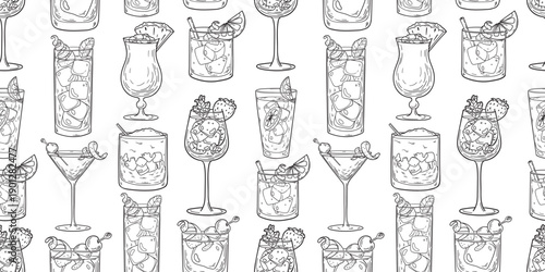 Alcoholic cocktails hand drawn seamless pattern. Vector illustration. Engraved style. Design template.