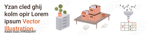 Data organization, digital processing, information management, office work, business planning, workflow systems. Filing cabinet, boxes papers with digital funnel icon. Data organization and digital