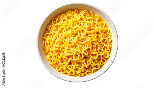 Overhead shot of a white bowl filled with cooked, golden-hued noodles in broth