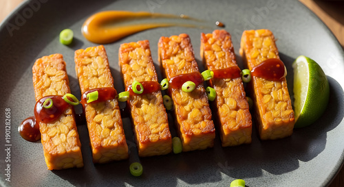 Crispy PanFried Tempeh Strips with Sweet and Savory Glaze and Lime Wedge.