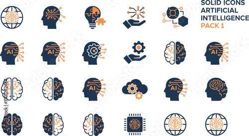 WebArtificial Intelligence Icon Set Featuring Neural Networks Brain Technology Machine Learning Global AI Connectivity Digital Brain Gear Cloud Computing and Smar