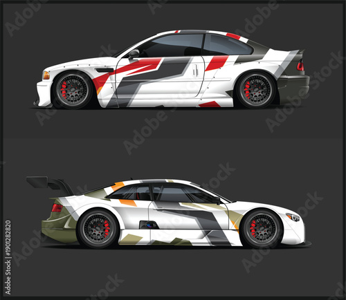 Side views of two white sports cars with red and black accents