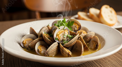 Steaming plate of fresh clams in a savory broth.
