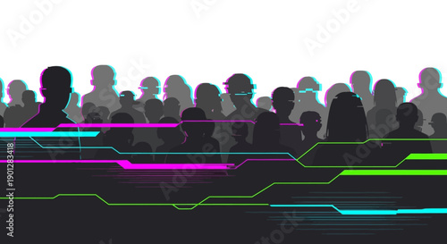 Silhouettes of a diverse crowd interacting with futuristic neon digital data streams representing technology and connectivity