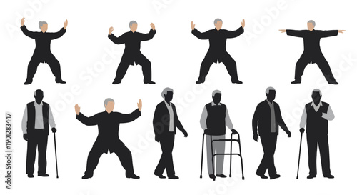 Collection of diverse senior silhouettes illustrating tai chi poses, walking, and mobility assistance, representing healthy aging and physical wellness activities.
