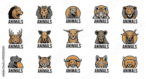 Collection of animal head logos featuring various species in a grid layout