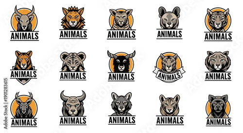 Collection of animal logos and emblems featuring various species in circular designs with bold typography and vibrant colors