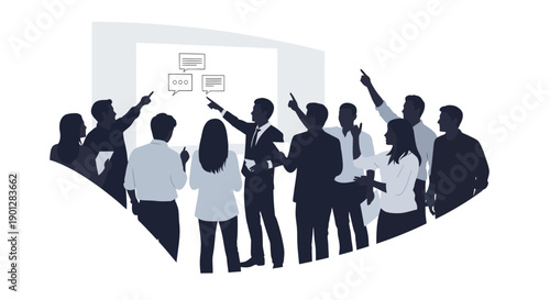 Diverse group of professionals interacting in a meeting setting, pointing towards a screen displaying conversation bubbles and ideas for collaborative brainstorming sessions.