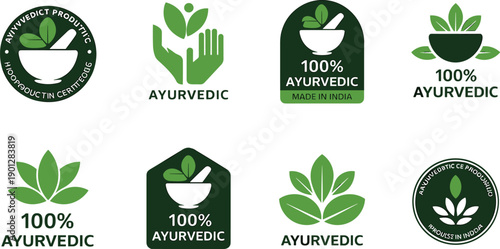 Collection of Ayurvedic logos with leaves, hands, and bowls, symbolizing herbal medicine, wellness, and eco-friendly natural product branding