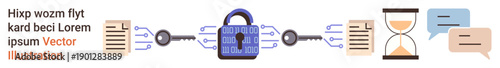 Data security, encryption processes, cybersecurity, digital communication, time management, workflow organization. Central lock linking documents, hourglass and message bubbles. Data security