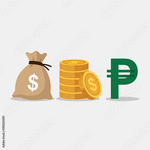 Illustration of currency symbols and money bags representing financial transactions and wealth